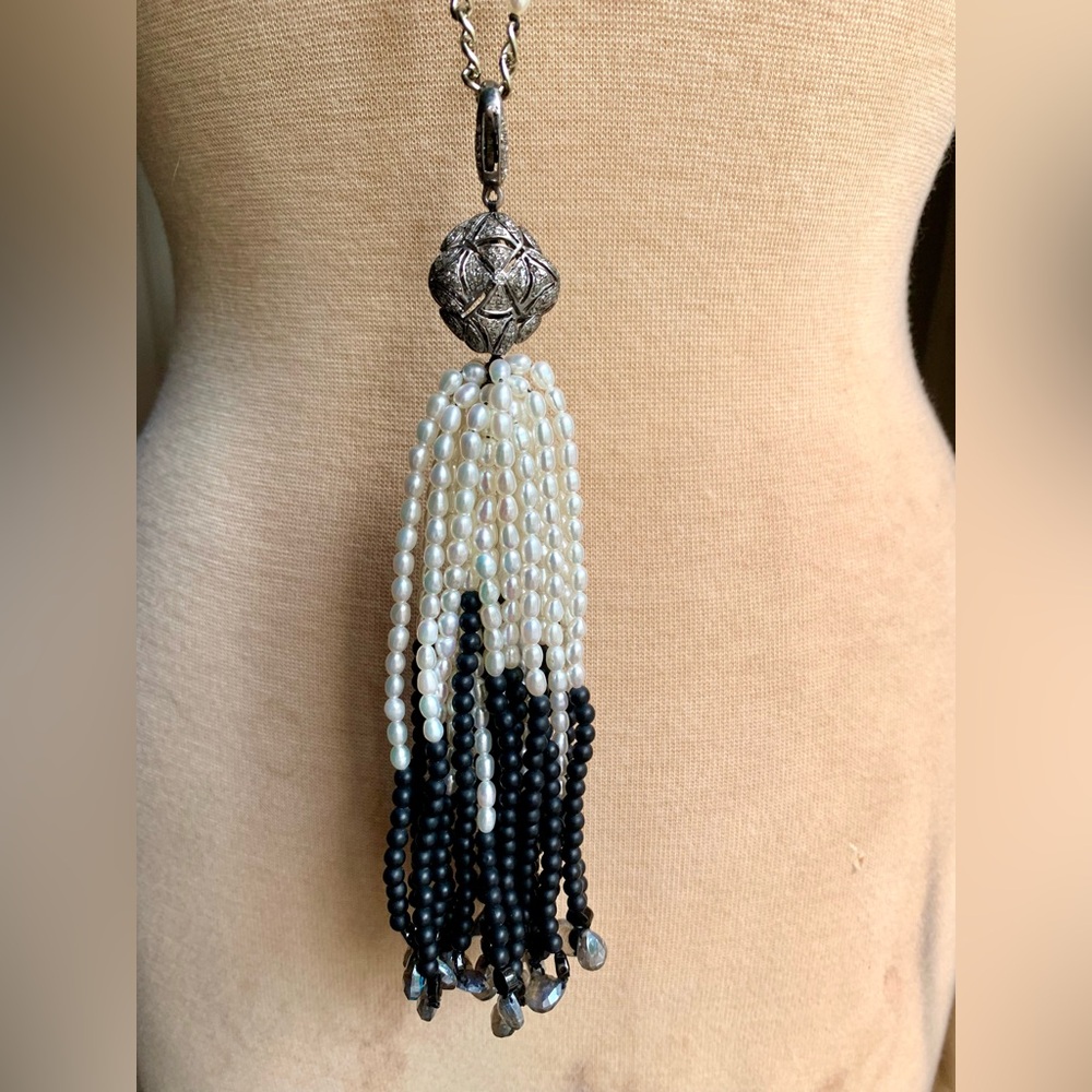 Sweet Olive Detachable Diamond, Onyx,Pearl & Labradorite Tassel Pendant Necklace